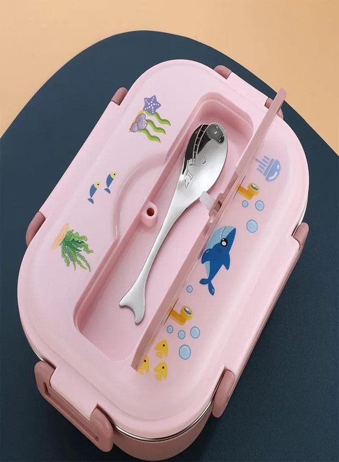 CherryBox Stainless Steel Kids Insulated Lunch Box with Fish Shape Spoon 1000 ML for Kids (Pink) - Image 1